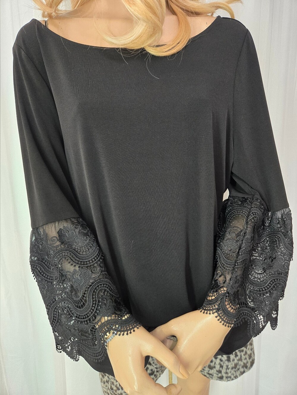 Ivanka Trump Black Boatneck Top with Lace Bell Sleeves. Pristine Condition.